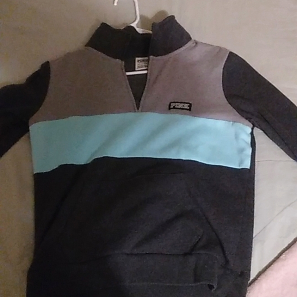 PINK, small and heather grey with light grey and one light blue striped zip up.